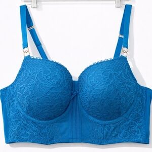 Cacique Boost Balconette Bra 42C Blue Lace Underwire Supportive Coquette